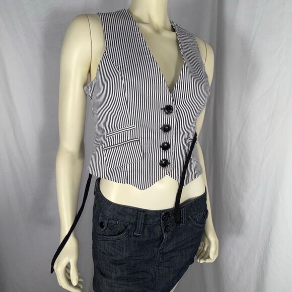 Vintage Y2K Black & White Striped Button-Down Vest – Tailored Fitted Waistcoat - Picture 10 of 12